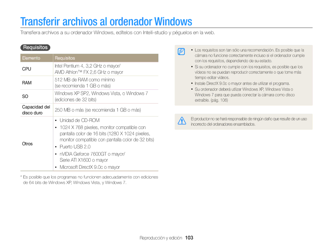 Samsung EC-MV800ZBPWE1, EC-MV800ZBPRE1 manual Transferir archivos al ordenador Windows, Requisitos , Elemento Requisitos 